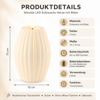 LED Kerze Deluxe Homeart Rillenkerze Ovale Formkerze aus Echtwachs mit hochwertigem Wachsspiegel - ( Cream )