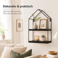Schwarzes Metall-Holz-Wandregal in Hausform mit 2 Böden