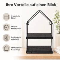 Schwarzes Metall-Holz-Wandregal in Hausform mit 2 Böden