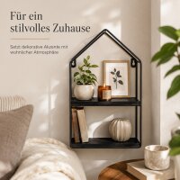 Schwarzes Metall-Holz-Wandregal in Hausform mit 2 Böden
