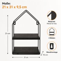 Schwarzes Metall-Holz-Wandregal in Hausform mit 2 Böden