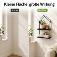 Schwarzes Metall-Holz-Wandregal in Hausform mit 2 Böden