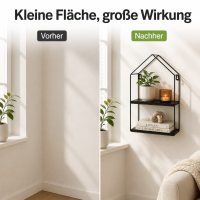 Schwarzes Metall-Holz-Wandregal in Hausform mit 2 Böden