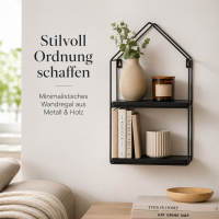 Schwarzes Metall-Holz-Wandregal in Hausform mit 2 Böden