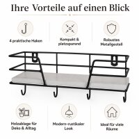 Wandregal Metall Holz schwarz 4 Haken 25 x 10 cm Schlüsselregal