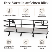 Wandregal Metall Holz schwarz 4 Haken 25 x 10 cm Schlüsselregal