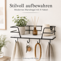 Wandregal Metall Holz schwarz 4 Haken 25 x 10 cm Schlüsselregal