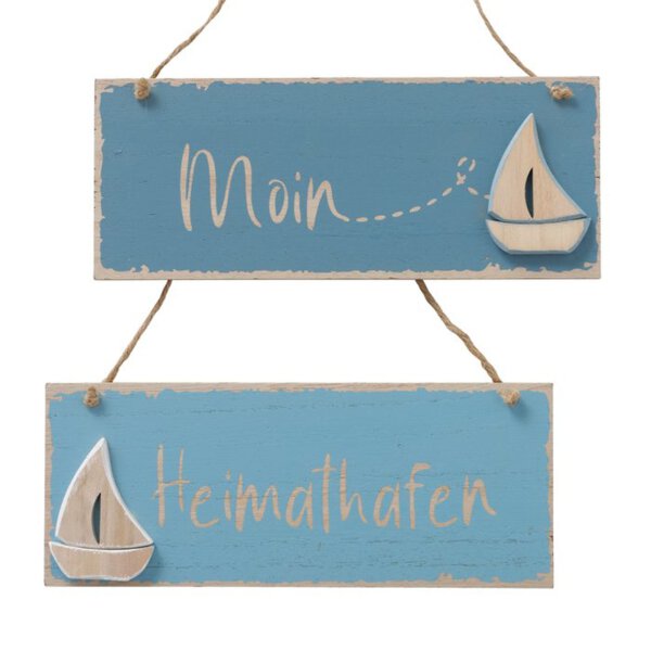 Dekoratives Schild im 2er Set aus Holz Maritim Heimathafen und Moin Segelboot