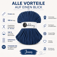Flechtkordel 5mm 100m Blau Jeans - Makramee Garn Baumwolle