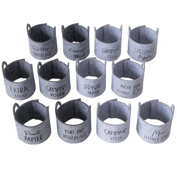 Boltze Dekoaufsteller Banderole Toilett-Papier Camping-Edition, 12 sort., Rund, H 14 cm, Polyester-Filz, Einfarbig, Spruch/Text Polyester-Filz grau