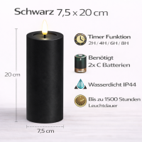 LED Kerze Outdoor Schwarz 7,5 x 20 cm