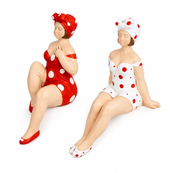 Kantenhocker Becky Badenixe rot/weiß gepunktet – Dekofigur aus Polyresin, 13 cm