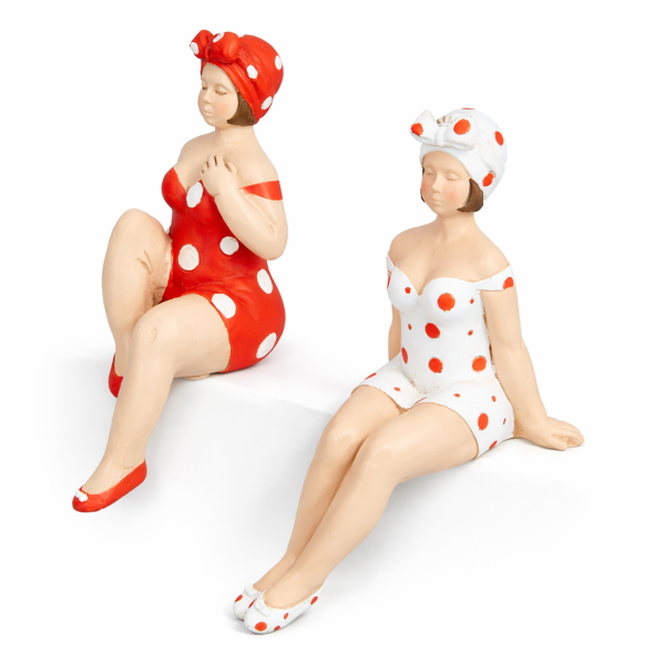 Kantenhocker Becky Badenixe rot/weiß gepunktet – Dekofigur aus Polyresin, 13 cm