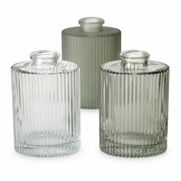 Vasen Set modern 3er Glas 8x5x11,5cm Grün Salbeigrün Reliefstruktur