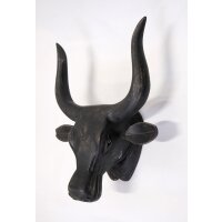 Dekorativer Stierkopf aus schwarz lackiertem Holz