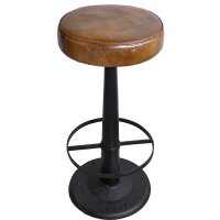 Rustikaler Barhocker mit rundem Ledersitz und schwarzem Eisengestell - 1 Stück