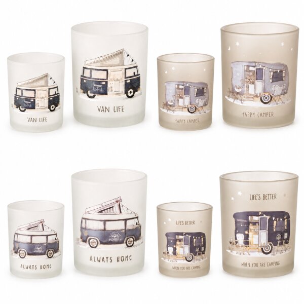 Boltze Home Windlichter Vanlife Life’s Better 2er Set – mattes Glas mit Camper-Motiv