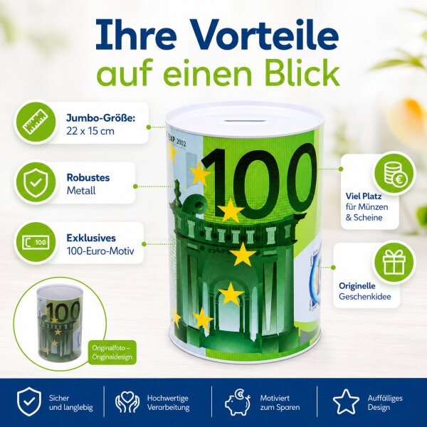 Jumbo-Metall-Spardose, 100 €-Note, ca. 22 x 15 cm, 8,95 €