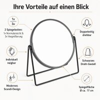 Kosmetikspiegel rund schwarz mit 3-fach Vergrößerung