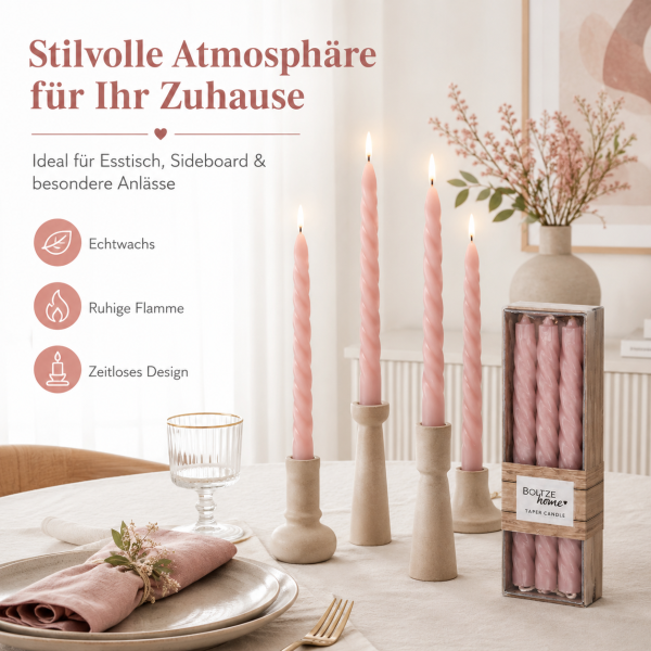 Boltze Home Twister Stabkerzen Rosa 6er Set – gedrehte Echtwachs-Kerzen