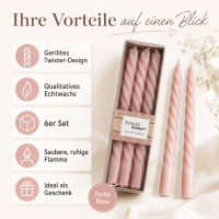 Boltze Home Twister Stabkerzen Rosa 6er Set – gedrehte Echtwachs-Kerzen