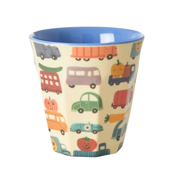 Rice Melamin Becher Medium Beige mit Auto Muster Happy Cars