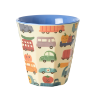 Rice Melamin Becher Medium Beige mit Auto Muster Happy Cars