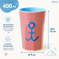 Trinkbecher Melamin 400ml Rot Hellblau - Kinderbecher mit Anker Motiv