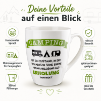 Kaffeebecher in Weiß mit Wohnwagenmotiv und Spruch