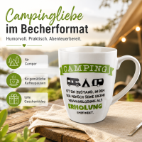 Kaffeebecher in Weiß mit Wohnwagenmotiv und Spruch