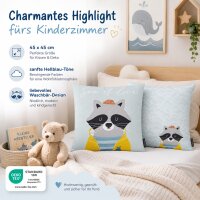 Kinderkissenbezug 45x45 Blau Hellblau Baumwolle mit Waschbär Motiv