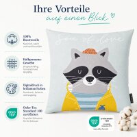 Kinderkissenbezug 45x45 Blau Hellblau Baumwolle mit Waschbär Motiv