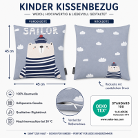Dekokissenhülle Kinder 45x45 Grau hellgrau Baumwolle Seebär Kinderzimmer