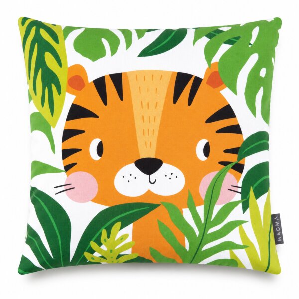 Dekokissenhülle Kinder 45x45 Weiß - Baumwolle Tiger mit Reißverschluss