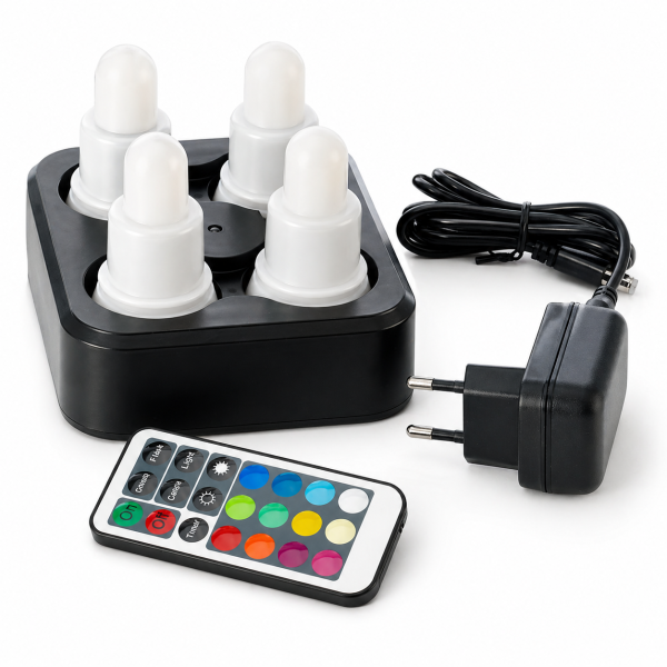 Duni LED 4er-SET Warmweiß & Multicolour, inklusive Fernbedieung & Ladestation