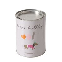 Spardose Happy Birthday - Hund Grau 10 x 13,5 cm