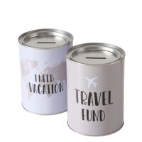 Spardose Urlaub 10x14cm Weiß Off-White Metall Reisekasse mit Deckel
