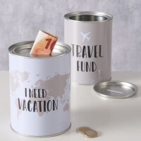 Spardose Urlaub 10x14cm Weiß Off-White Metall Reisekasse mit Deckel