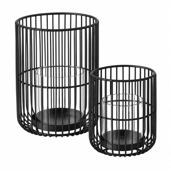Windlicht schwarz 2er Set 12x14 15x20 matt Metall Glas rund