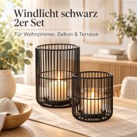 Windlicht schwarz 2er Set 12x14 15x20 matt Metall Glas rund