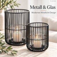 Windlicht schwarz 2er Set 12x14 15x20 matt Metall Glas rund