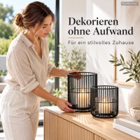 Windlicht schwarz 2er Set 12x14 15x20 matt Metall Glas rund