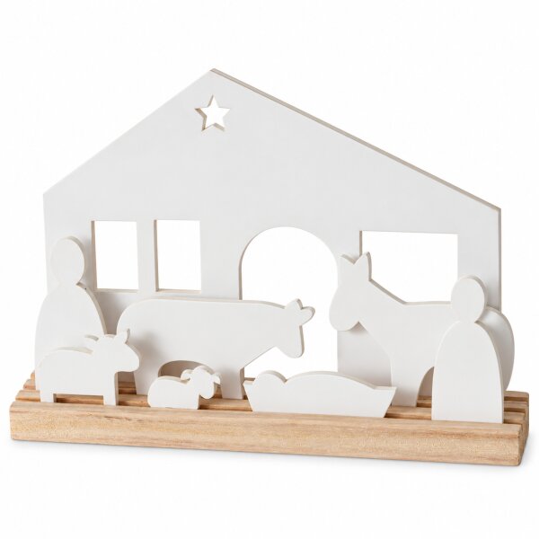 Krippe modern 29,5x5cm Natur Weiß - Holz Weihnachtskrippe Aufstellen