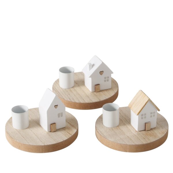 Kerzenständer Holz weiß 6,5x10cm Natur Weiß - Hausmotiv Tischleuchter