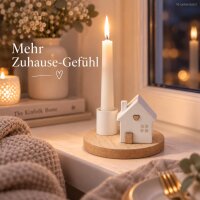 Kerzenständer Holz weiß 6,5x10cm Natur Weiß - Hausmotiv Tischleuchter