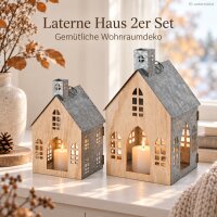 Laternen Set Holz Metall 25-34cm Natur Silberfarben Hausform Deko