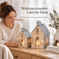 Laternen Set Holz Metall 25-34cm Natur Silberfarben Hausform Deko