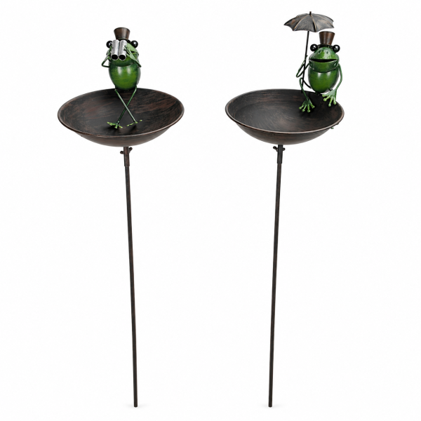 Vogeltränke mit Frosch aus Metall am Stab – Frosch mit Regenschirm oder Fernglas