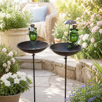 Vogeltränke mit Frosch aus Metall am Stab – Frosch mit Regenschirm oder Fernglas