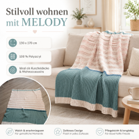 Strickdecke MELODY 130x170 cm – Kuscheldecke in Rosa, Creme & Türkis – Weiche Wohndecke aus 100 % Polyacryl